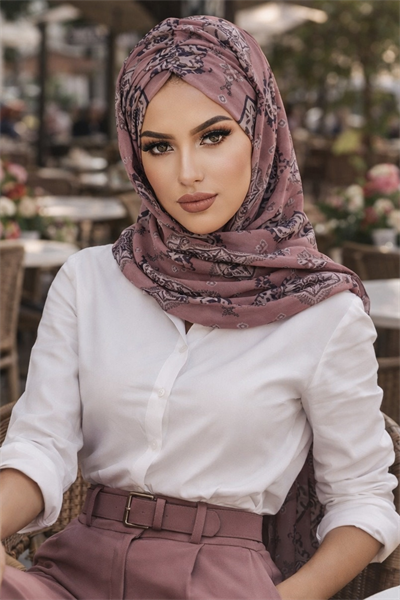 Koyu Pudra Retro Desen Hazır Şal