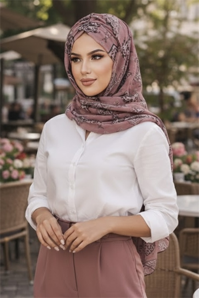 Koyu Pudra Retro Desen Hazır Şal