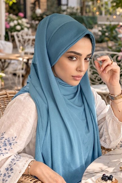 Koyu Turkuaz Şapkalı Şal