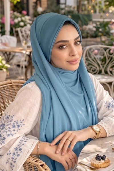 Koyu Turkuaz Şapkalı Şal