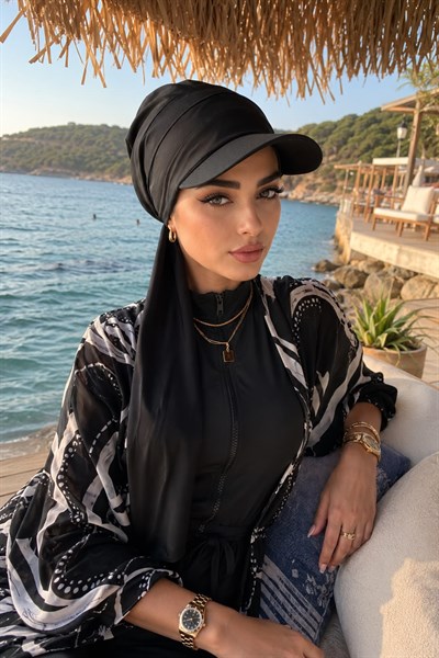 Siyah Kepli Deniz / Havuz Kullanımına Uygun Bağcıklı Eşarp Bone