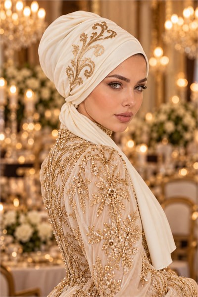Krem Gold Detaylı Atkılı Abiye Bone