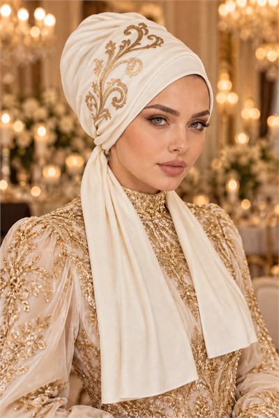 Krem Gold Detaylı Atkılı Abiye Bone