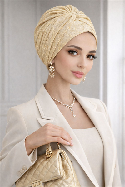 Krem Gold Yaldızlı Burgu Bantlı Hazır Abiye Bone