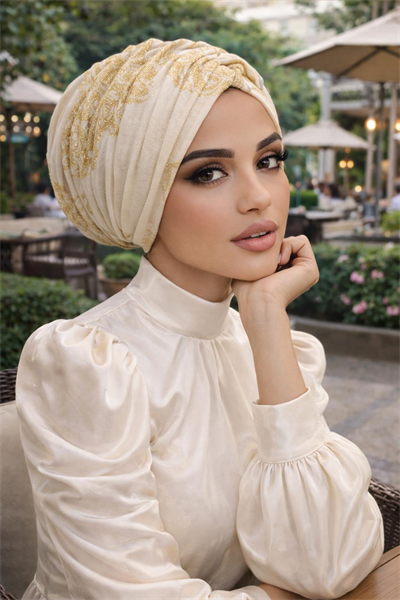 Krem Gold Yaldızlı Büzgülü Salaş Bone