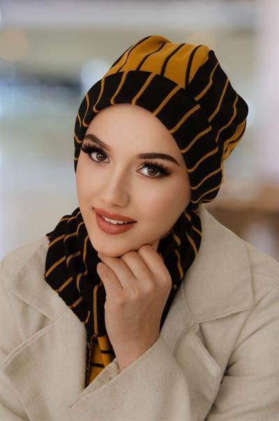 Hardal Siyah Çizgili Tesettür Bere