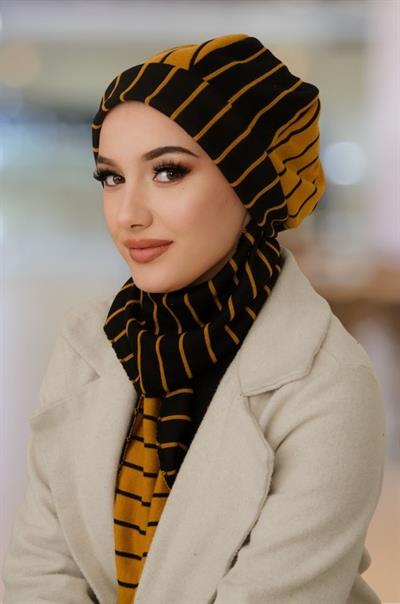 Hardal Siyah Çizgili Tesettür Bere