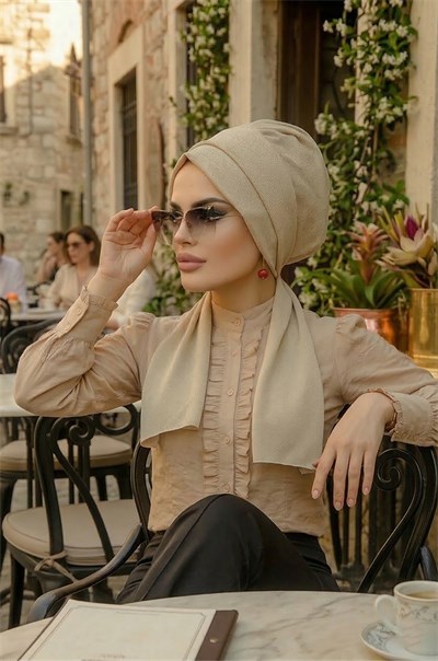 Krem Simli Atkılı Tesettür Bone