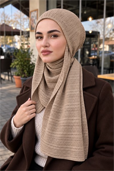 Kum Beji Ajurlu Triko Kelebek Bone Şal