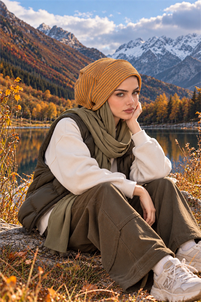 Amber ve Zeytin Yeşili Şallı Salaş Bere – Spor Tesettür Bere