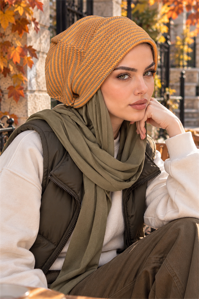 Amber ve Zeytin Yeşili Şallı Salaş Bere – Spor Tesettür Bere