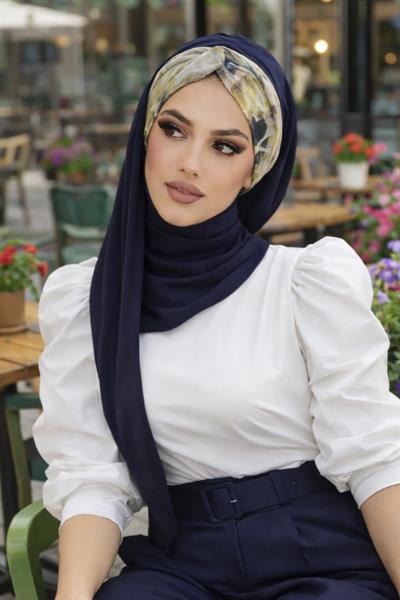 Lacivert Batik Desen Burgu Hazır Şal