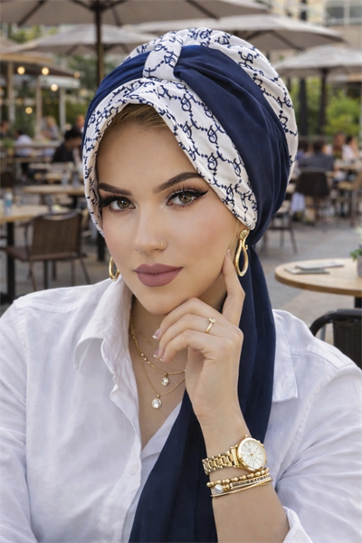 Lacivert Beyaz Hat Desen Fularlı Şapka