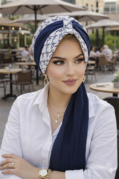 Lacivert Beyaz Hat Desen Fularlı Şapka