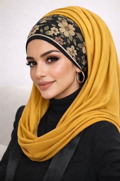Hardal Çiçek Desen Bandana Hazır Şal