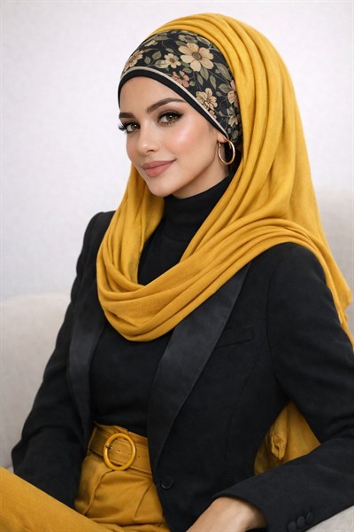 Hardal Çiçek Desen Bandana Hazır Şal