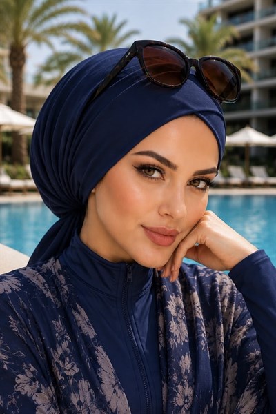 Lacivert Çapraz Deniz - Havuz Bonesi