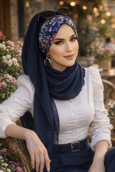 Lacivert Çiçek Desen Hazır Şal