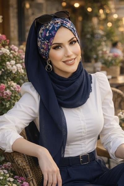 Lacivert Çiçek Desen Hazır Şal