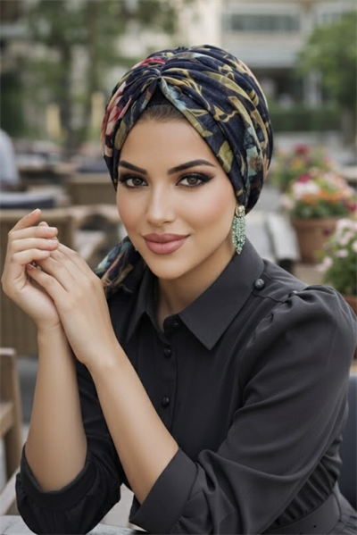 Lacivert Çiçek Desen Tokalı Bone