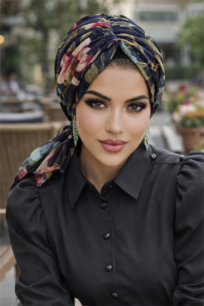 Lacivert Çiçek Desen Tokalı Bone