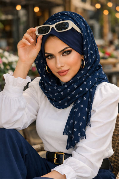 Lacivert Çiçekli Baskılı Şapkalı Şal