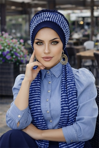 Lacivert Çizgili Desen Fularlı Bone