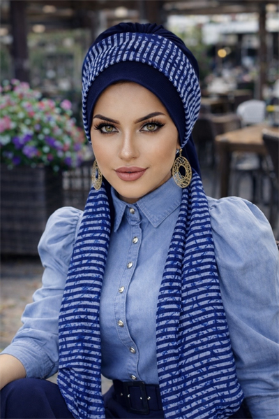 Lacivert Çizgili Desen Fularlı Bone