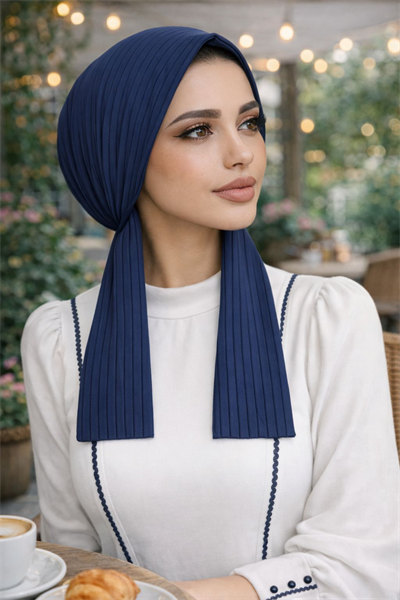 Lacivert Çizgili Eşarp Bone