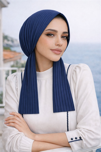 Lacivert Çizgili Eşarp Bone