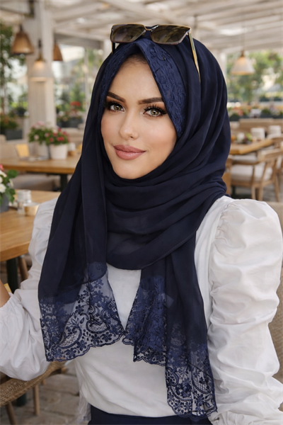 Lacivert Dantelli Şapka Şal