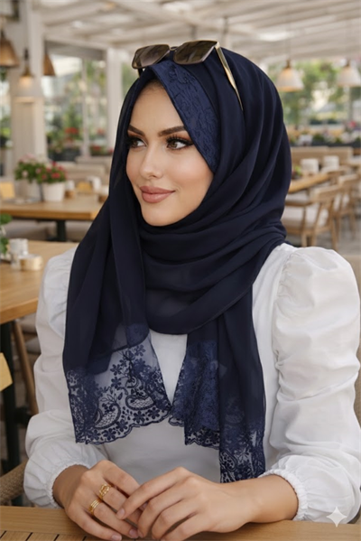 Lacivert Dantelli Şapka Şal