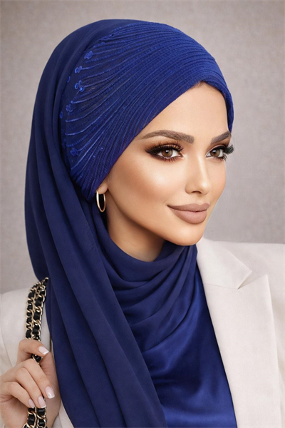 Lacivert Detaylı Hazır Abiye Şal