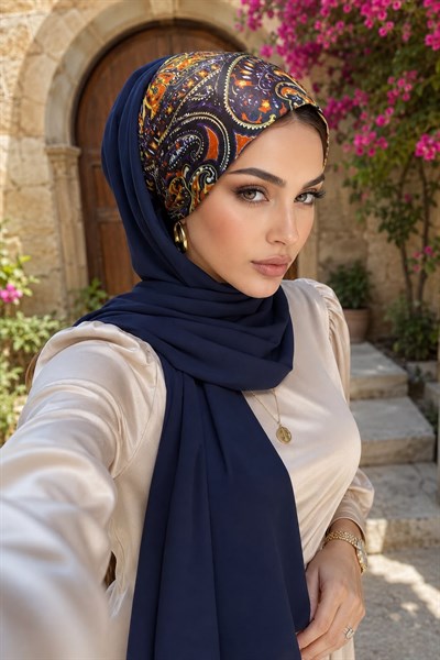 Lacivert Etnik Desen Bandana Hazır Şal