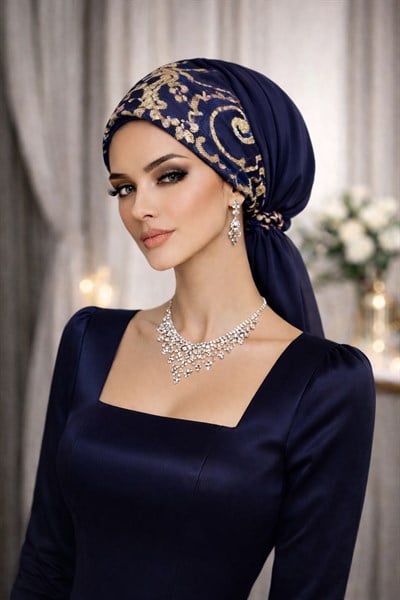 Lacivert Gold Payetli Abiye Tokalı Bone / Hazır Duvak