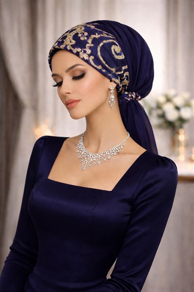 Lacivert Gold Payetli Abiye Tokalı Bone / Hazır Duvak