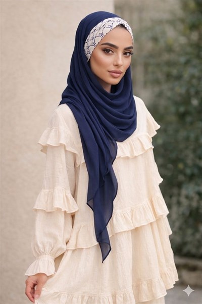 Lacivert Hat Desen Büzgülü Bone Hazır Şal