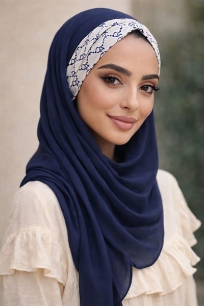 Lacivert Hat Desen Büzgülü Bone Hazır Şal