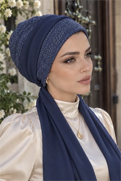 Lacivert Gold Işıltılı Atkılı Bone