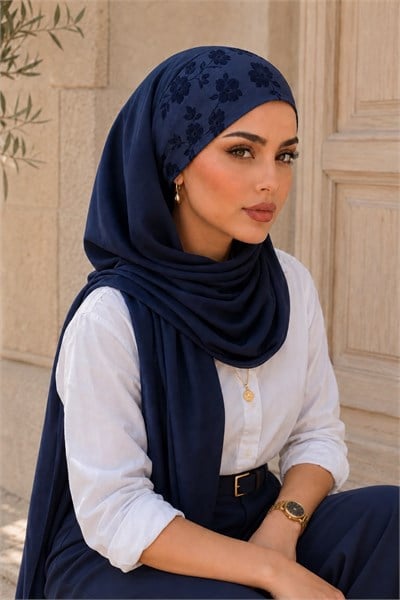 Lacivert Kabartmalı Bandana Hazır Şal