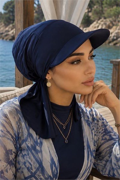 Lacivert Kepli Deniz / Havuz Kullanımına Uygun Bağcıklı Eşarp Bone