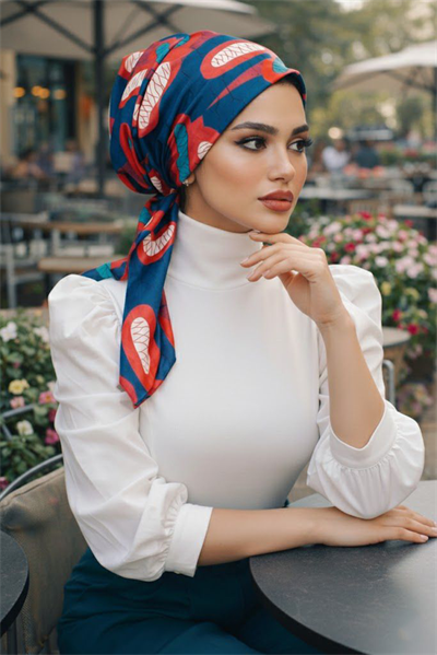 Lacivert Kırmızı Çatlak Desen Eşarp Bone