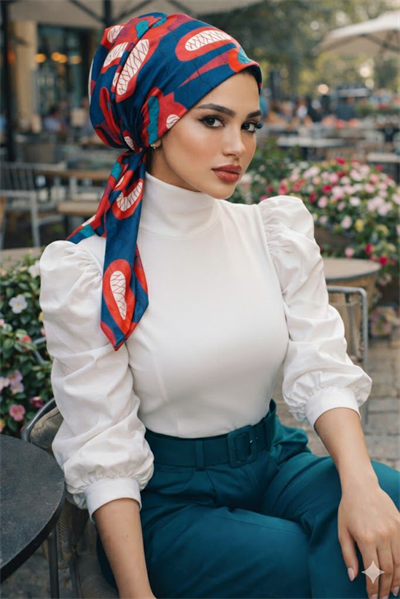 Lacivert Kırmızı Çatlak Desen Eşarp Bone