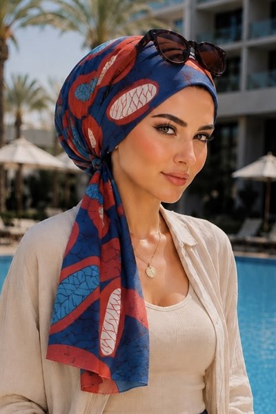 Lacivert Kırmızı Çatlak Desen Eşarp Bone