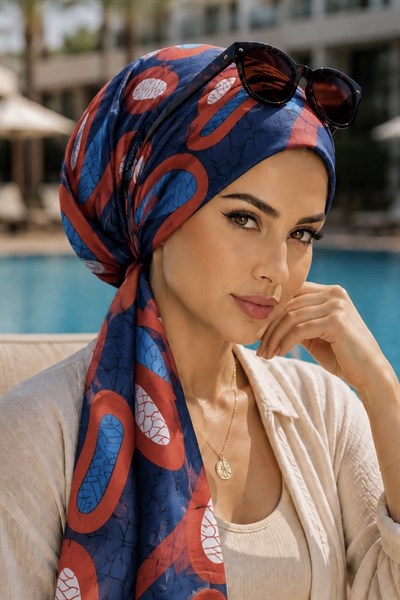 Lacivert Kırmızı Çatlak Desen Eşarp Bone