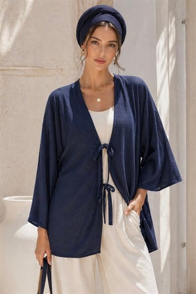Lacivert Önü Bağlamalı Kimono Tunik /Likralı Yazlık Kumaş