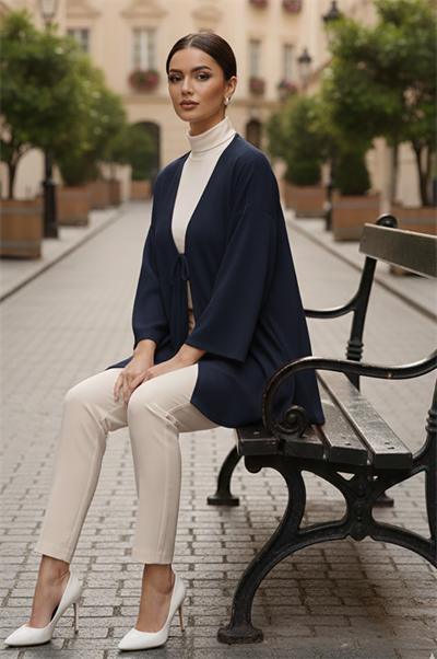 Lacivert Önü Bağlamalı Kimono Tunik /Likralı Yazlık Kumaş