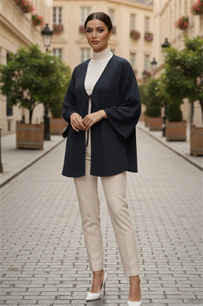 Lacivert Önü Bağlamalı Kimono Tunik /Likralı Yazlık Kumaş