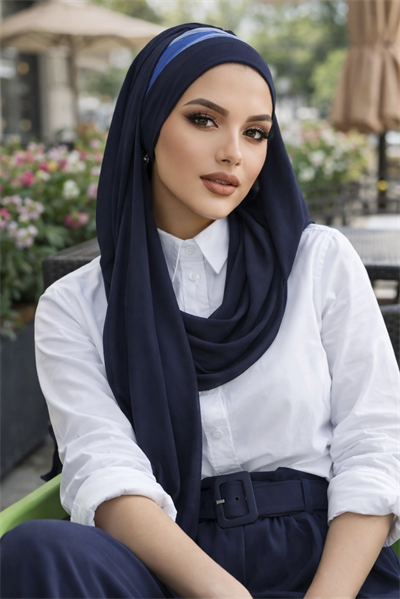 Lacivert Saks Batik Desen Bandana Şal