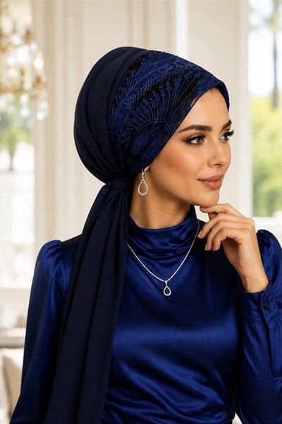 Lacivert Saks Mavi Abiye Tokalı Bone / Hazır Duvak